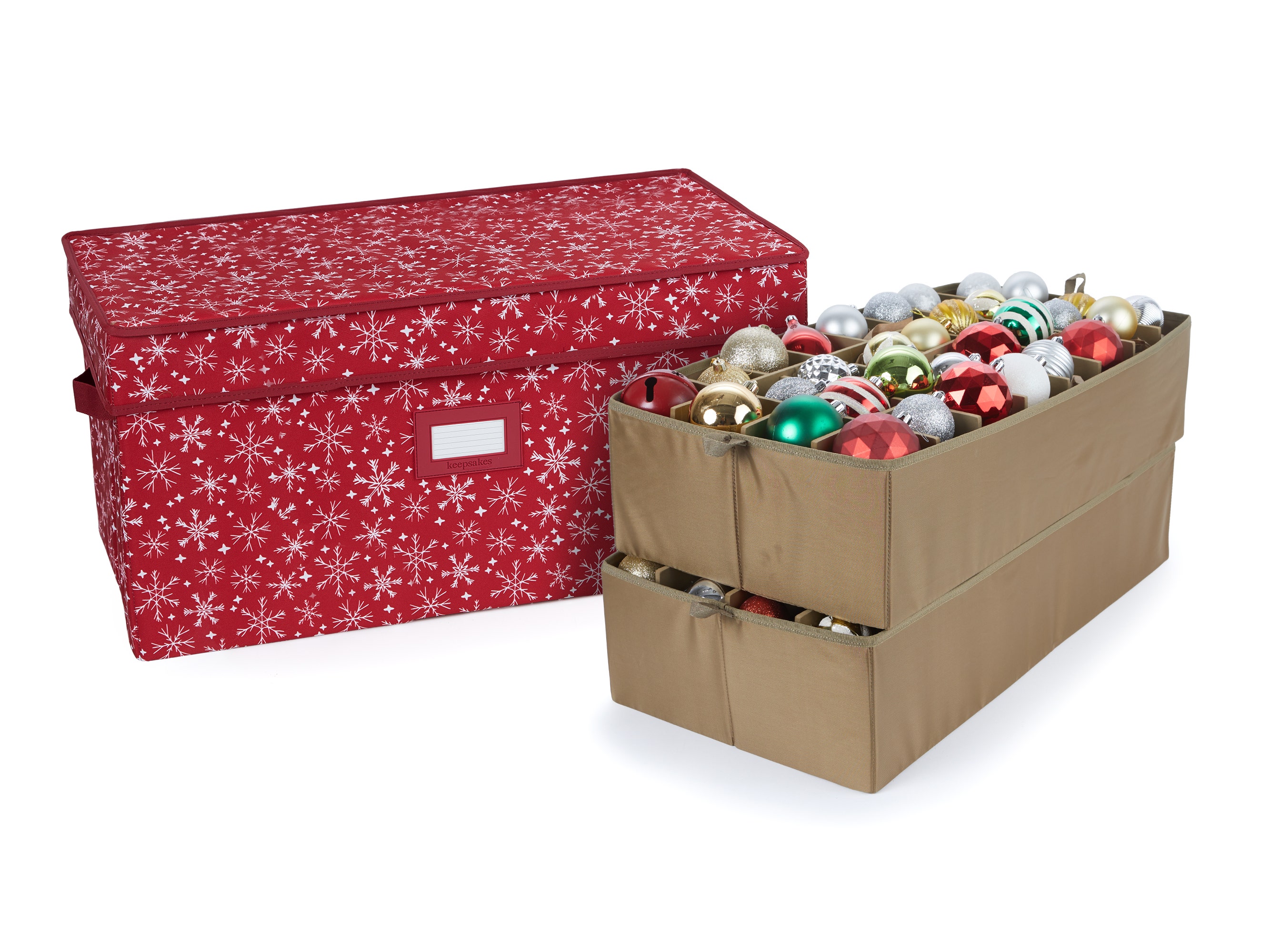 Holiday Adjustable Ornament Storage Box - Fits Up to 12-48 Pieces, Heavy Duty Poly, 3-Year Warranty - Elite Plus, Red Snowflake - Covermates